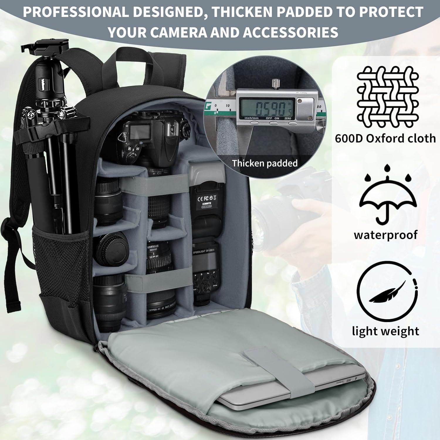 Camera Backpack for DSLR/SLR/Mirrorless Bag Professional Waterproof Camera Case 11"X5.9"X15" for Photographers Grey - Image 4